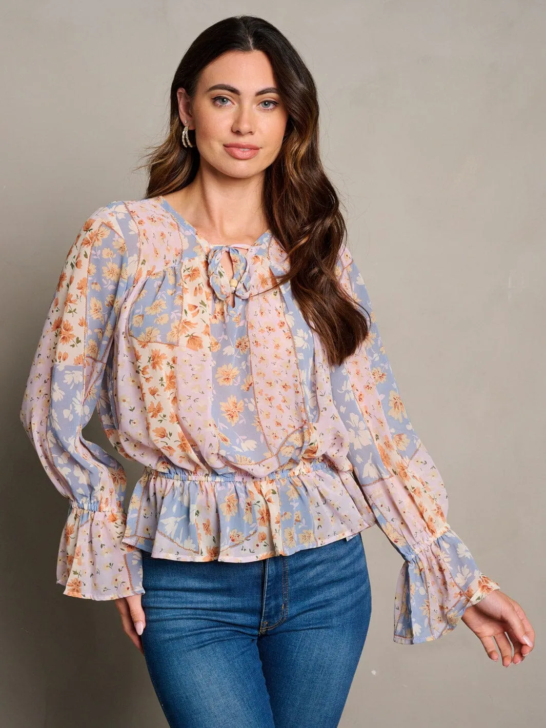 WOMEN'S LONG BELL SLEEVE NECK TIE FLORAL PEPLUM BLOUSE TOP