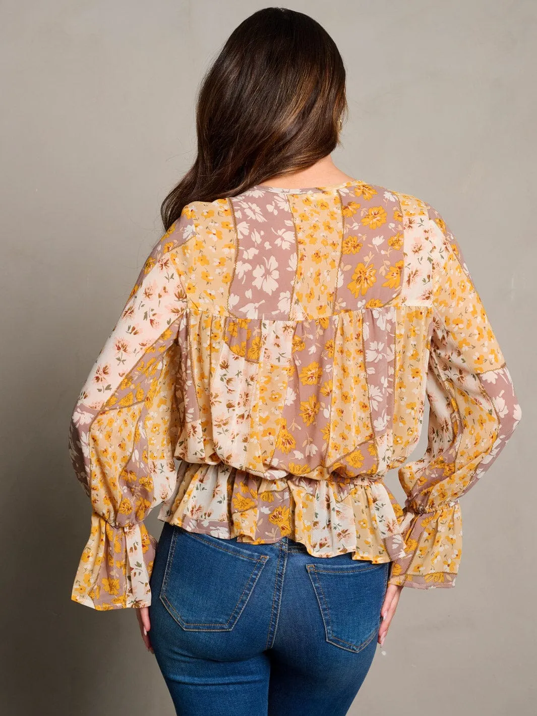 WOMEN'S LONG BELL SLEEVE NECK TIE FLORAL PEPLUM BLOUSE TOP