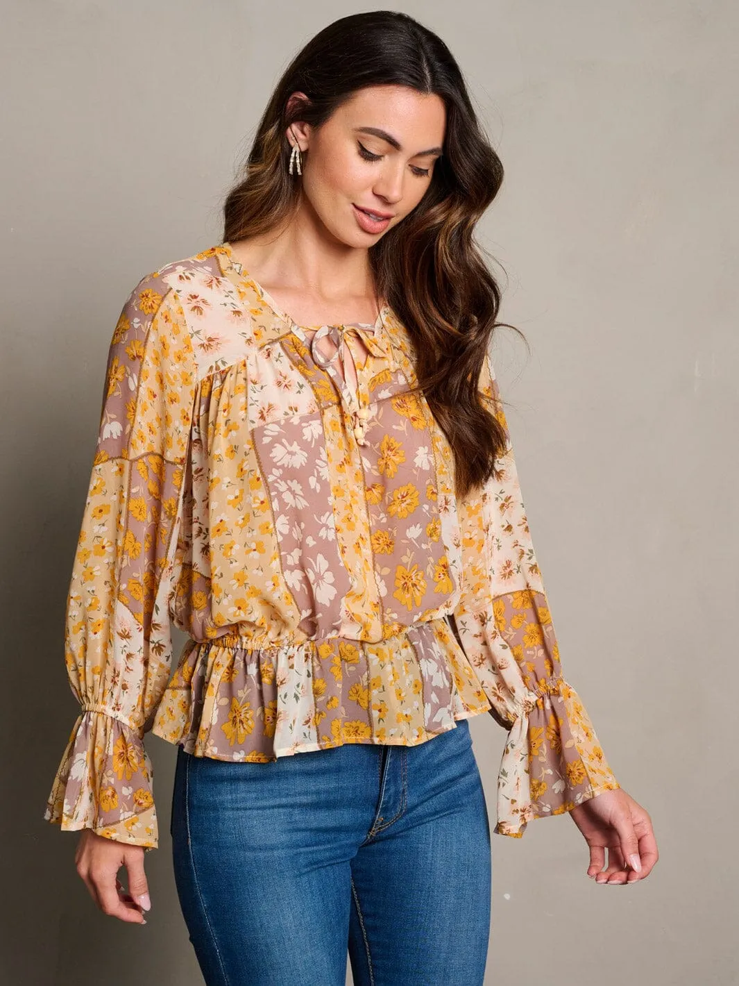 WOMEN'S LONG BELL SLEEVE NECK TIE FLORAL PEPLUM BLOUSE TOP