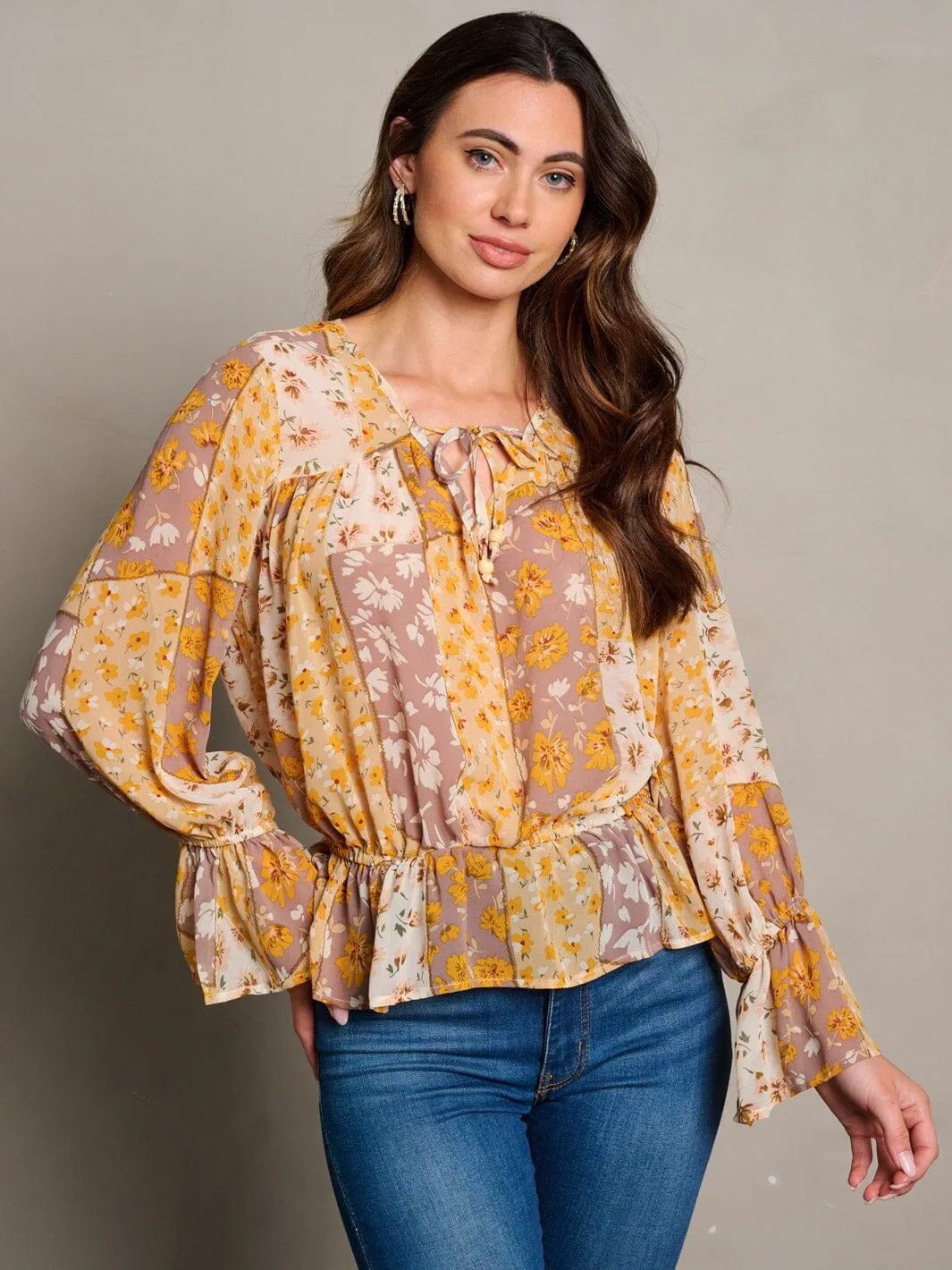 WOMEN'S LONG BELL SLEEVE NECK TIE FLORAL PEPLUM BLOUSE TOP