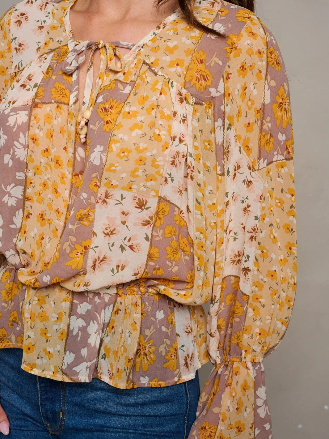 WOMEN'S LONG BELL SLEEVE NECK TIE FLORAL PEPLUM BLOUSE TOP