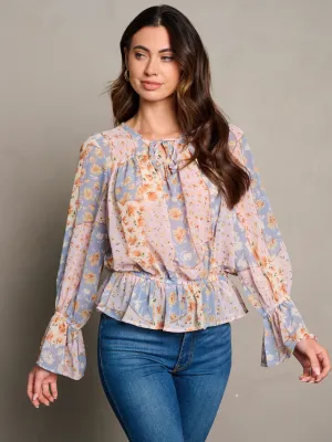 WOMEN'S LONG BELL SLEEVE NECK TIE FLORAL PEPLUM BLOUSE TOP