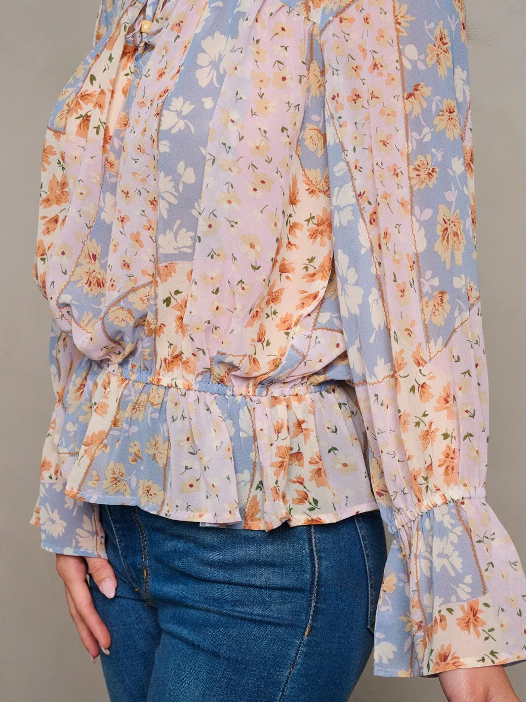 WOMEN'S LONG BELL SLEEVE NECK TIE FLORAL PEPLUM BLOUSE TOP
