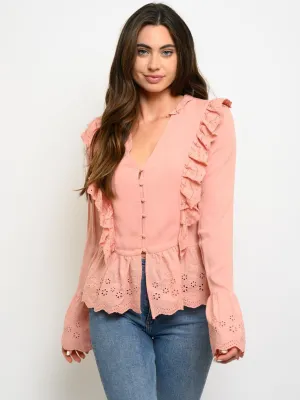 WOMEN'S LONG BELL SLEEVE RUFFLE  TOP