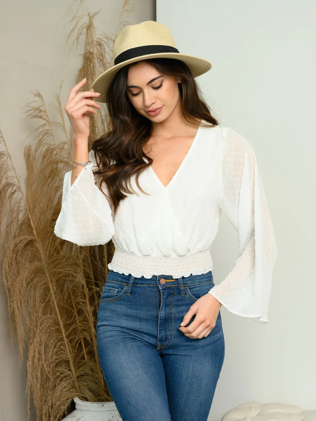 WOMEN'S LONG BELL SLEEVE SWISS V-NECK TOP
