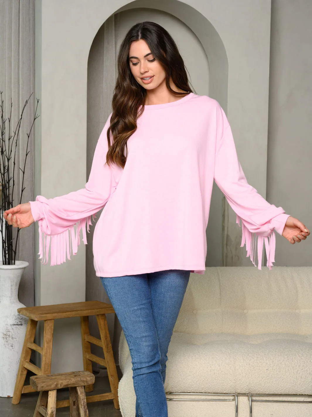 WOMEN'S LONG FRINGE SLEEVE SOLID TOP