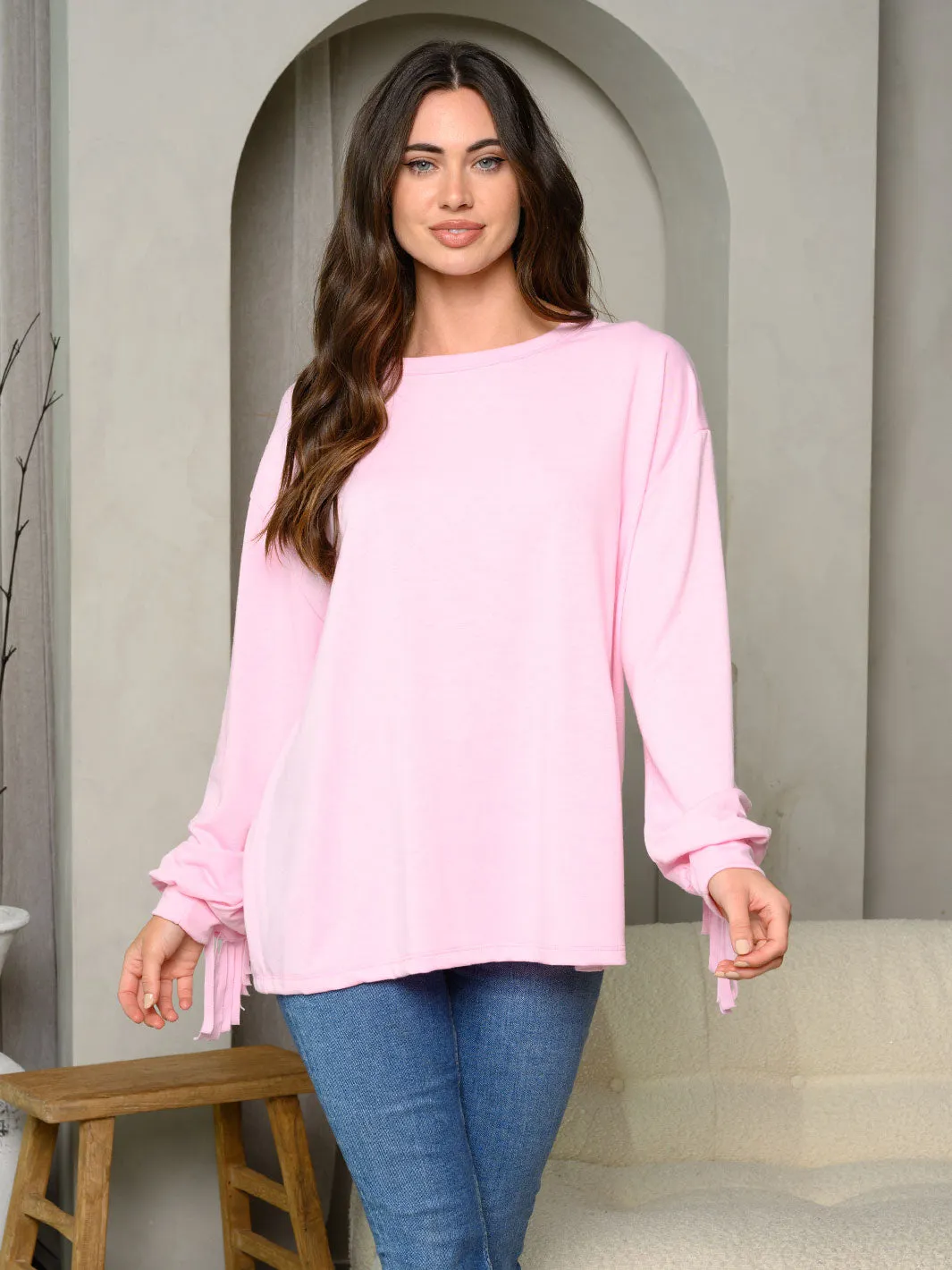 WOMEN'S LONG FRINGE SLEEVE SOLID TOP