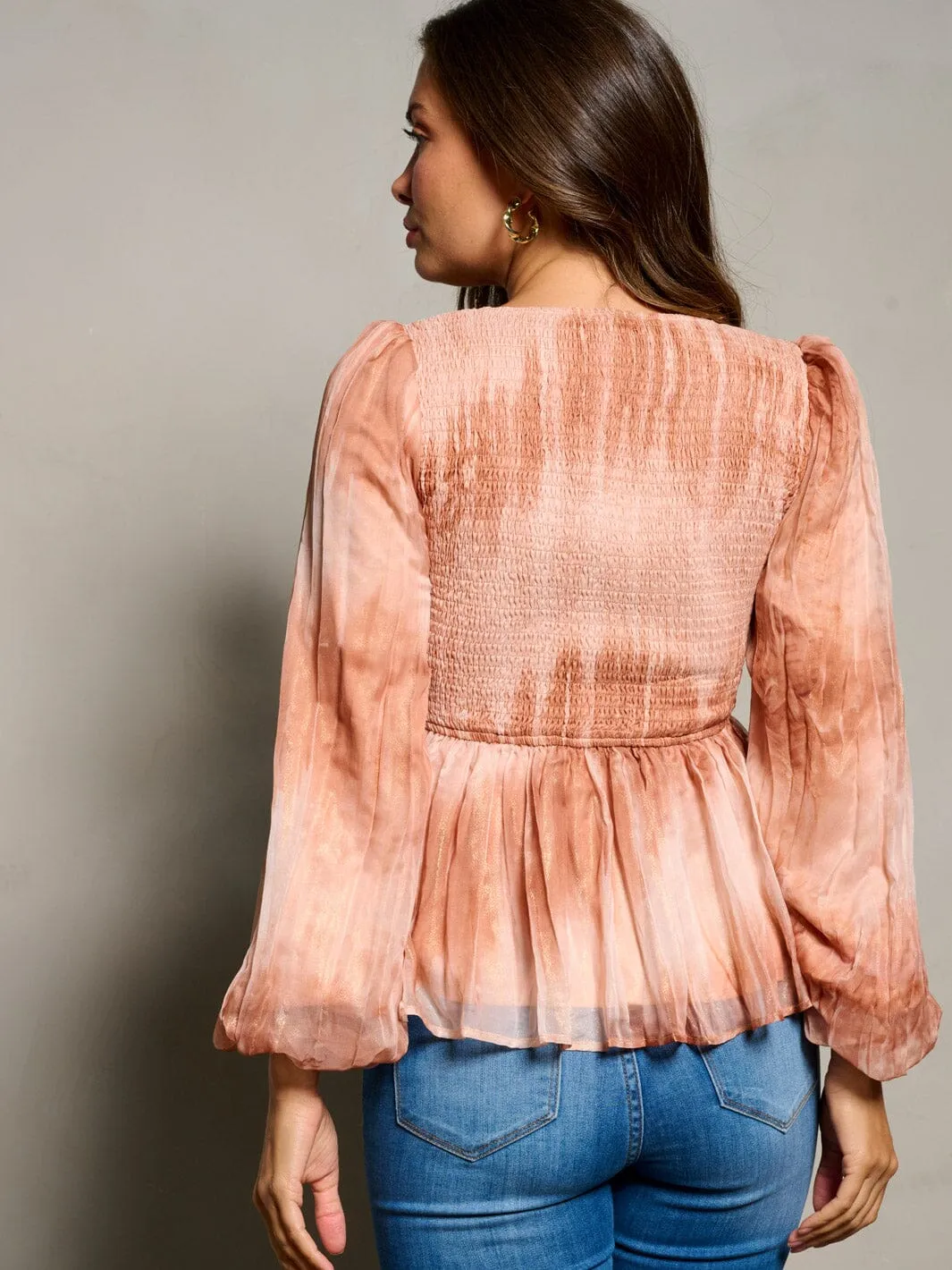 WOMEN'S LONG PUFF SLEEVE SQUARE NECK SMOCK TIE DYE BLOUSE TOP