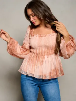 WOMEN'S LONG PUFF SLEEVE SQUARE NECK SMOCK TIE DYE BLOUSE TOP