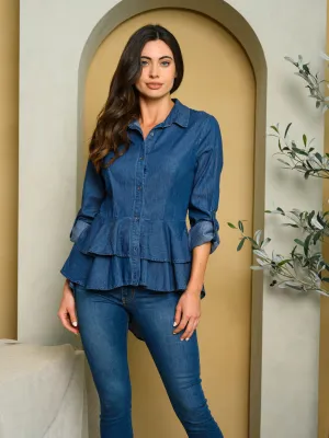 WOMEN'S LONG SLEEVE BUTTON UP HIGH-LOW CHAMBRAY PEPLUM TOP