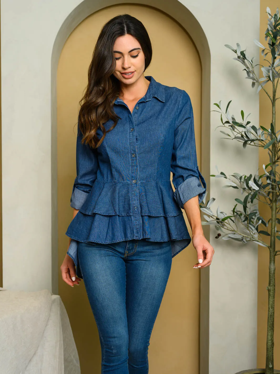 WOMEN'S LONG SLEEVE BUTTON UP HIGH-LOW CHAMBRAY PEPLUM TOP