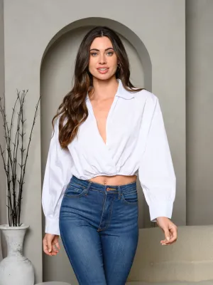 WOMEN'S LONG SLEEVE COLLAR SURPLICE TOP