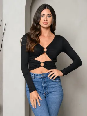 WOMEN'S LONG SLEEVE DOUBLE KEY HOLE CROP TOP