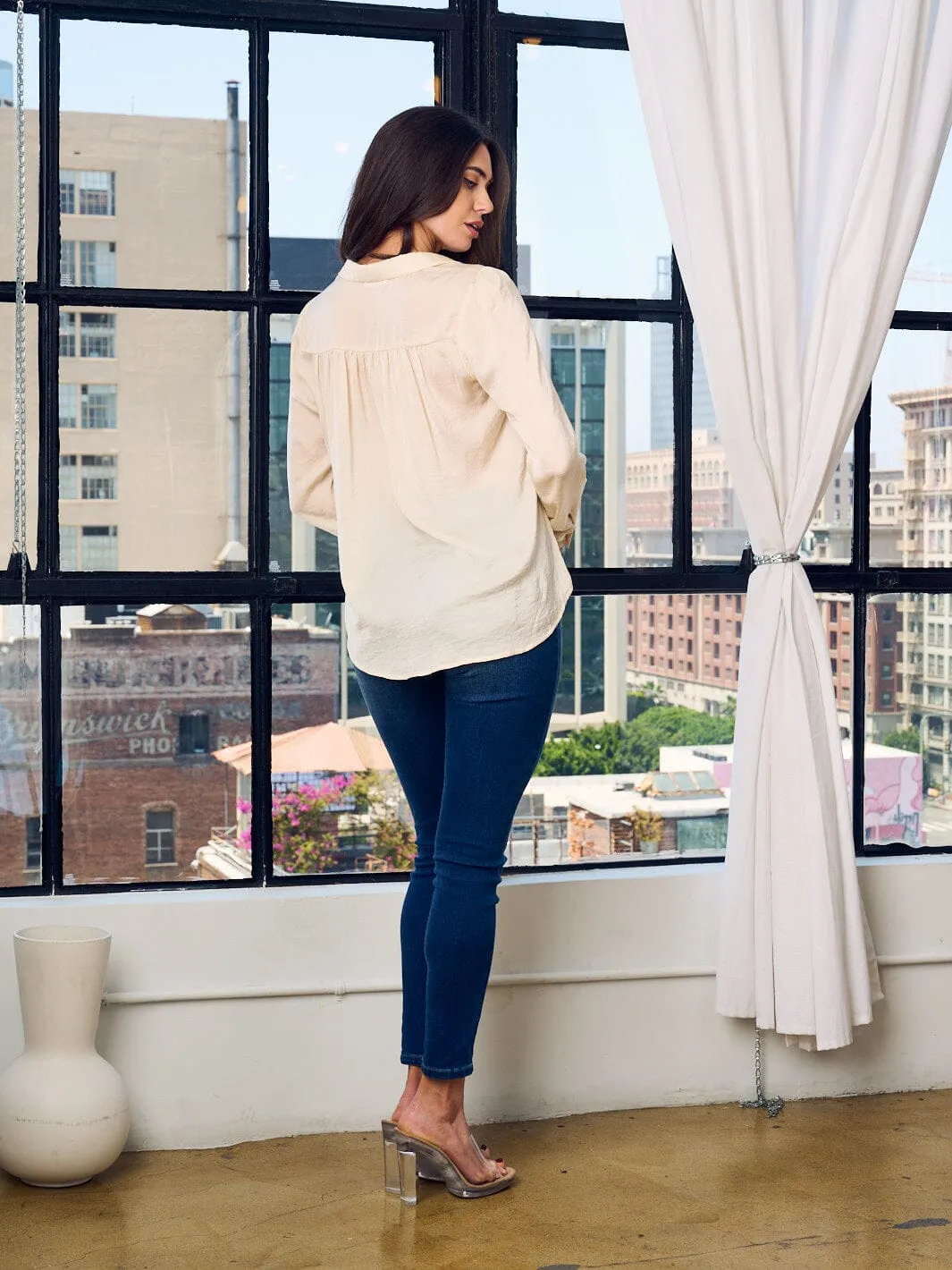 WOMEN'S LONG SLEEVE DRAPE NECK BLOUSE TOP