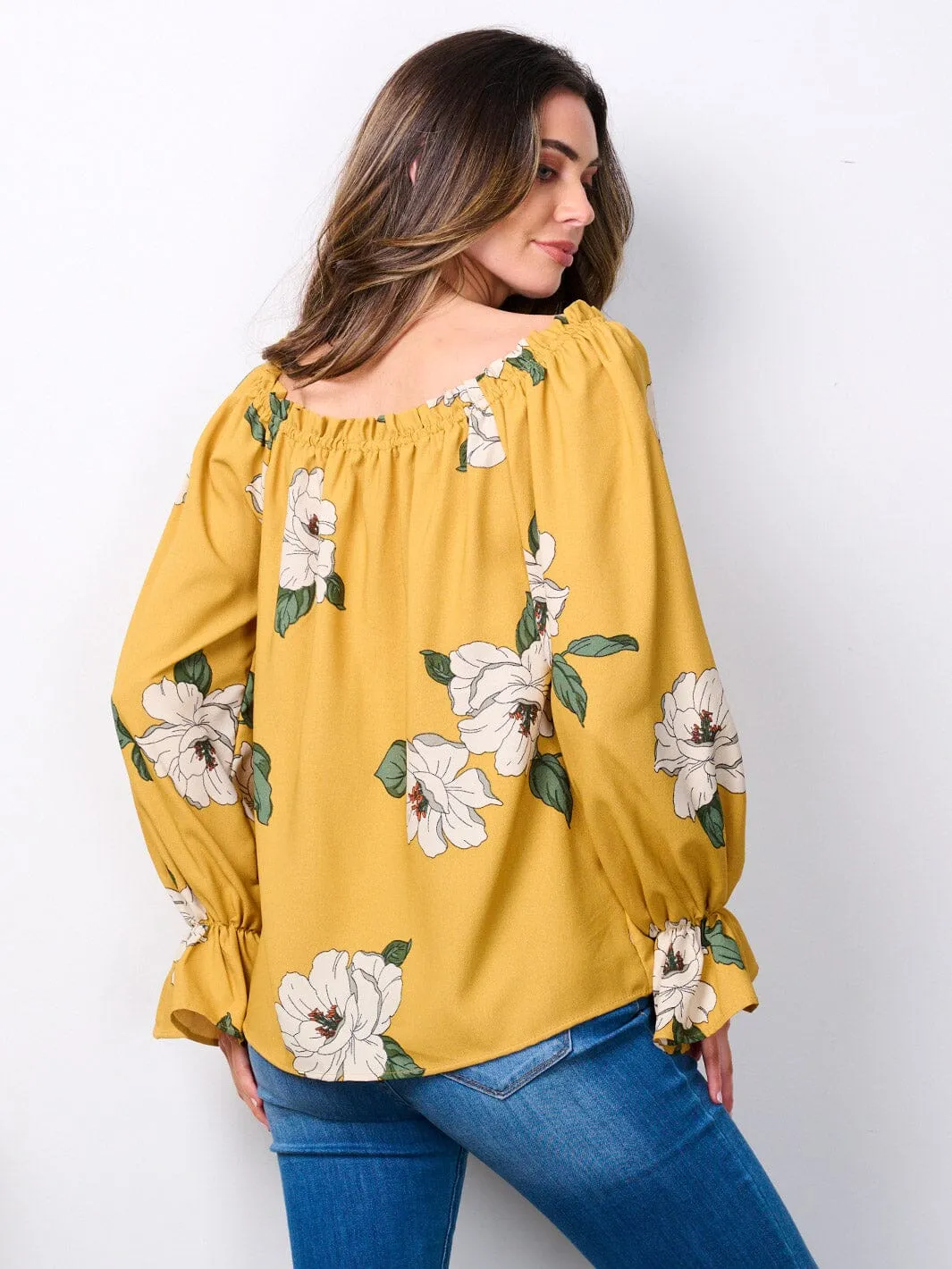 WOMEN'S LONG SLEEVE ELASTIC NECK FLORAL TUNIC BLOUSE TOP