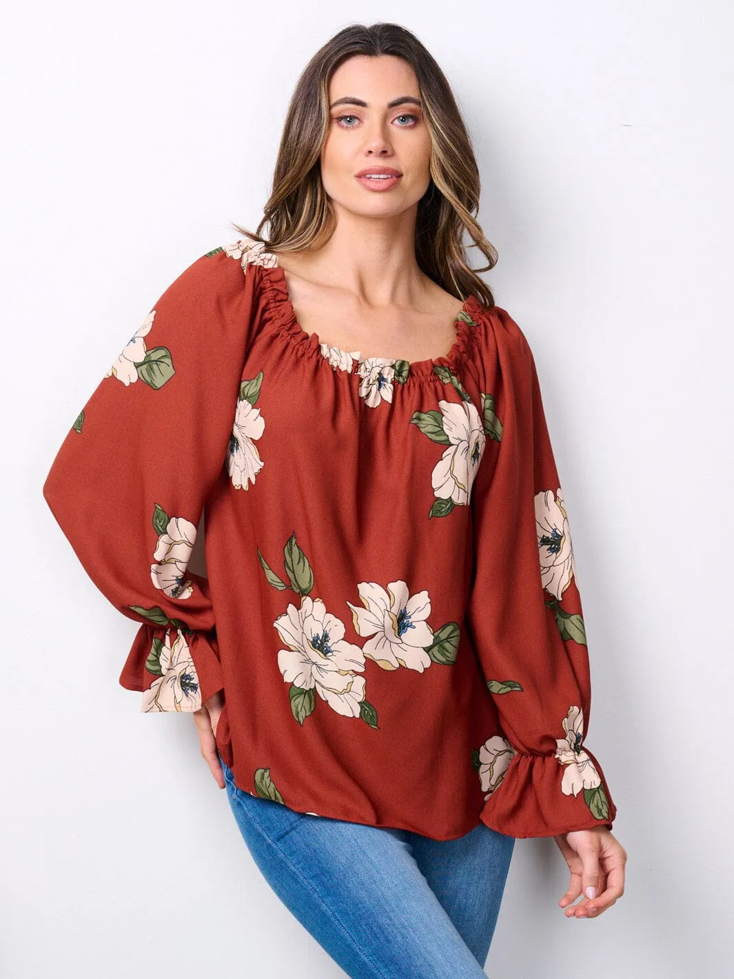 WOMEN'S LONG SLEEVE ELASTIC NECK FLORAL TUNIC BLOUSE TOP