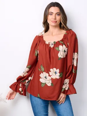 WOMEN'S LONG SLEEVE ELASTIC NECK FLORAL TUNIC BLOUSE TOP