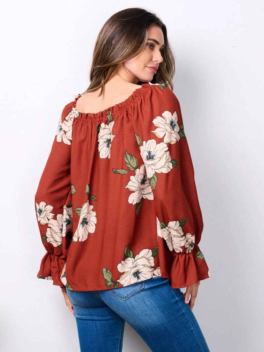 WOMEN'S LONG SLEEVE ELASTIC NECK FLORAL TUNIC BLOUSE TOP