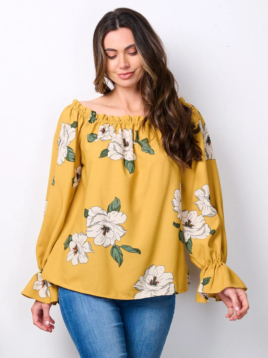 WOMEN'S LONG SLEEVE ELASTIC NECK FLORAL TUNIC BLOUSE TOP