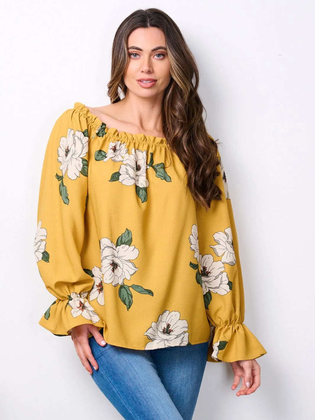 WOMEN'S LONG SLEEVE ELASTIC NECK FLORAL TUNIC BLOUSE TOP