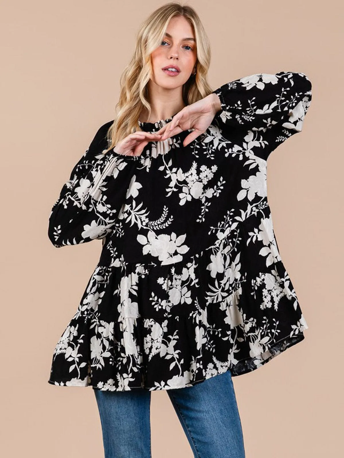 WOMEN'S LONG SLEEVE FLORAL PEPLUM TUNIC BLOUSE