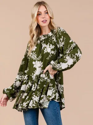 WOMEN'S LONG SLEEVE FLORAL PEPLUM TUNIC BLOUSE