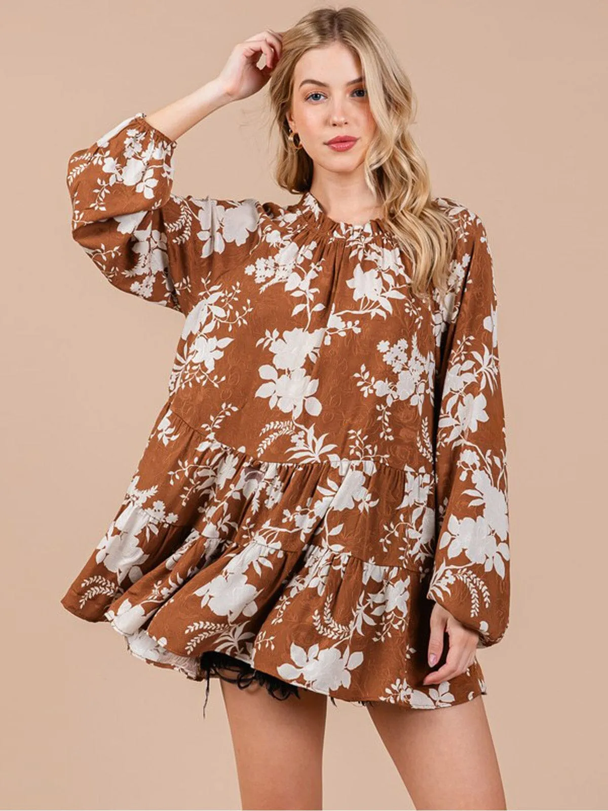 WOMEN'S LONG SLEEVE FLORAL PEPLUM TUNIC BLOUSE