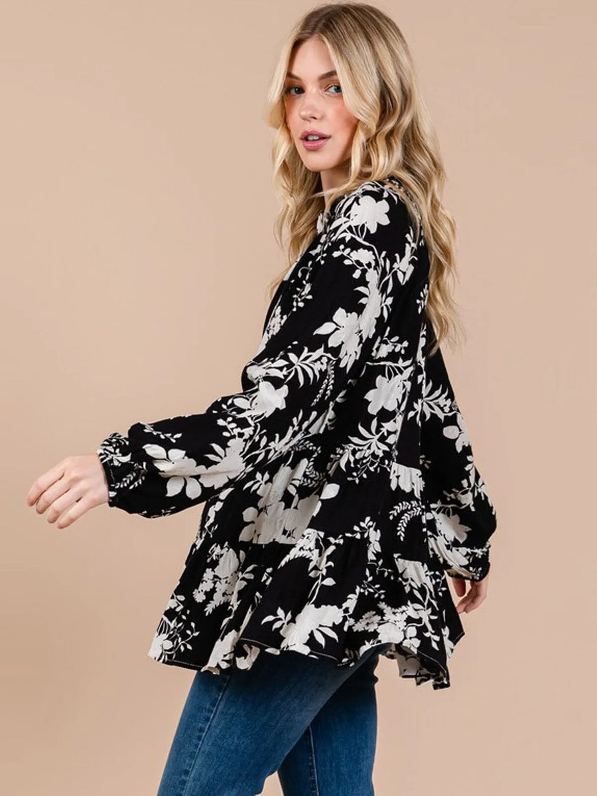 WOMEN'S LONG SLEEVE FLORAL PEPLUM TUNIC BLOUSE