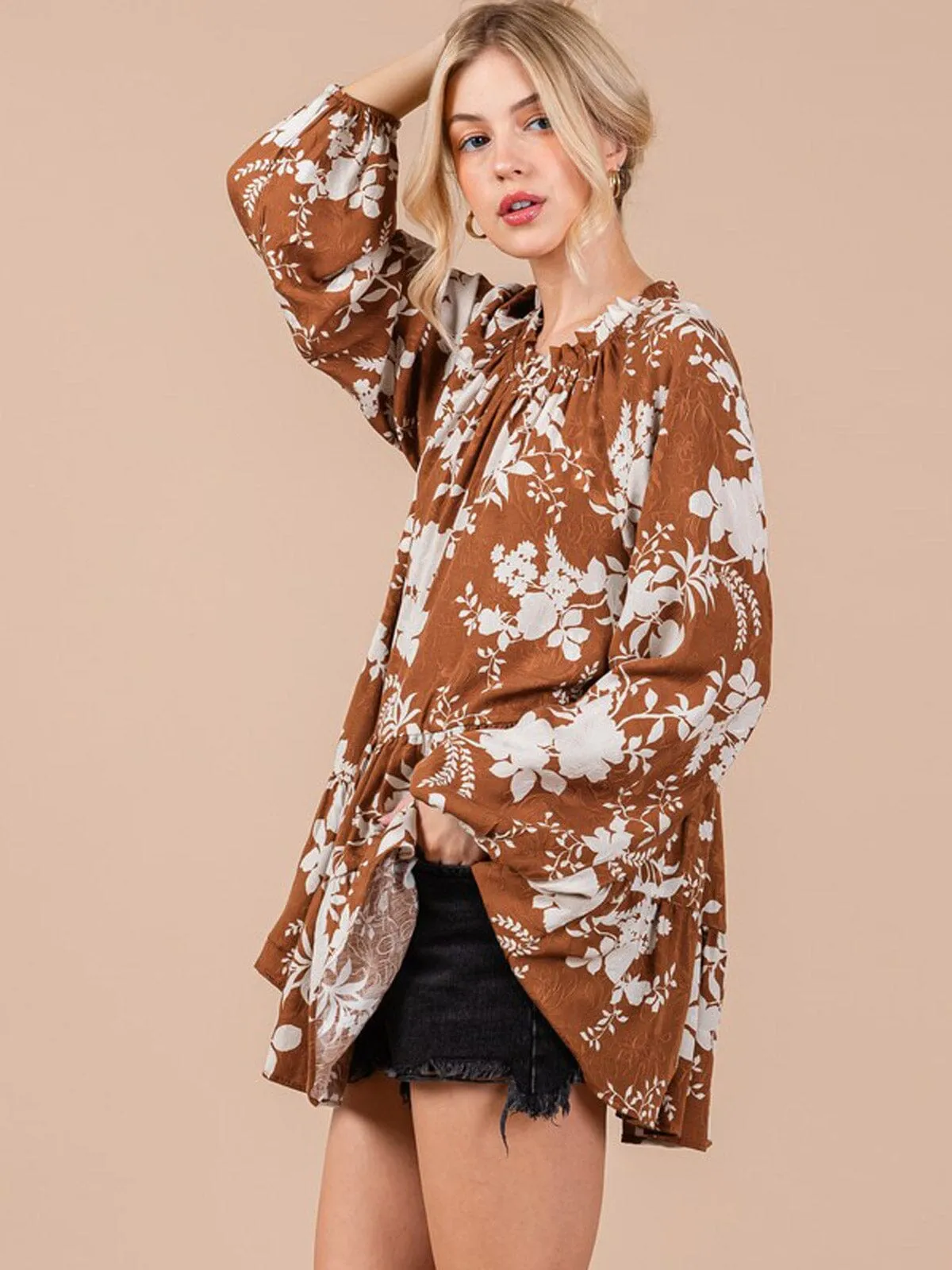 WOMEN'S LONG SLEEVE FLORAL PEPLUM TUNIC BLOUSE