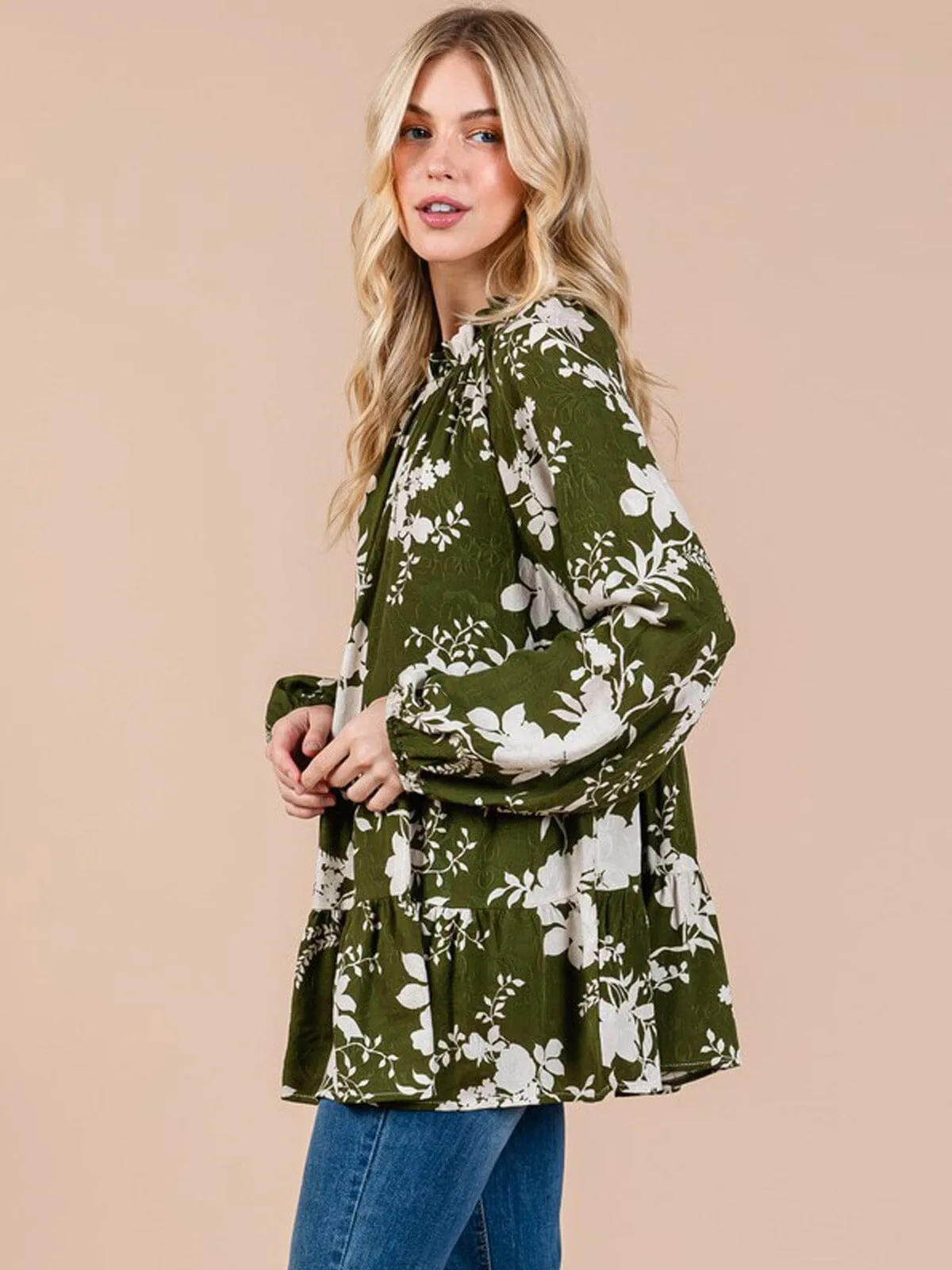 WOMEN'S LONG SLEEVE FLORAL PEPLUM TUNIC BLOUSE