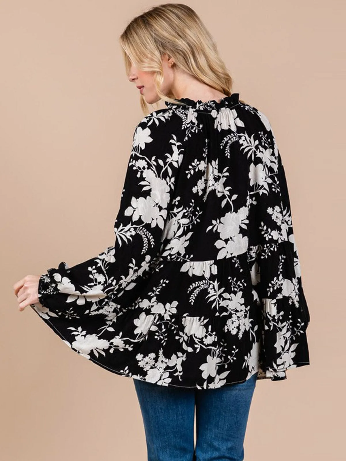 WOMEN'S LONG SLEEVE FLORAL PEPLUM TUNIC BLOUSE