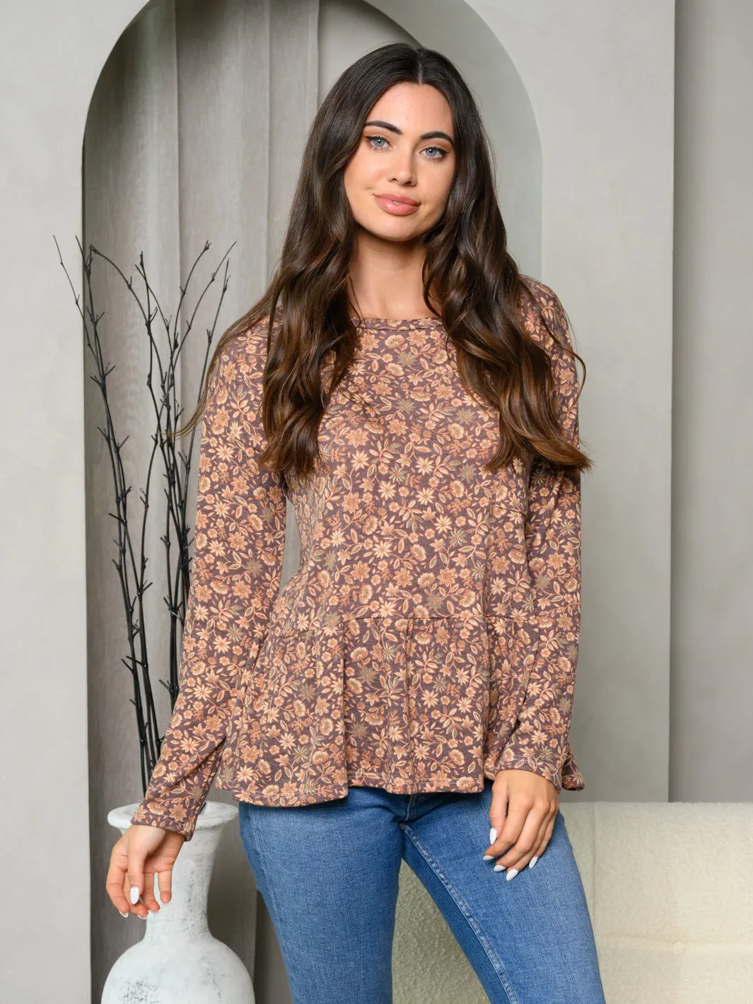 WOMEN'S LONG SLEEVE FRONT POCKET FLORAL PEPLUM TOP