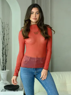 WOMEN'S LONG SLEEVE MESH BUTTERFLY PRINT TOP