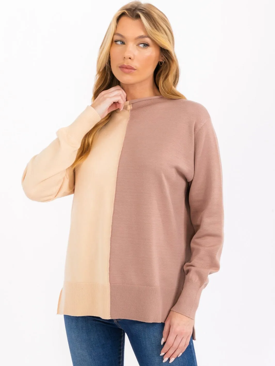 WOMEN'S LONG SLEEVE MOCK NECK KNIT COLORBLOCK TOP