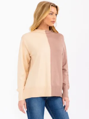 WOMEN'S LONG SLEEVE MOCK NECK KNIT COLORBLOCK TOP