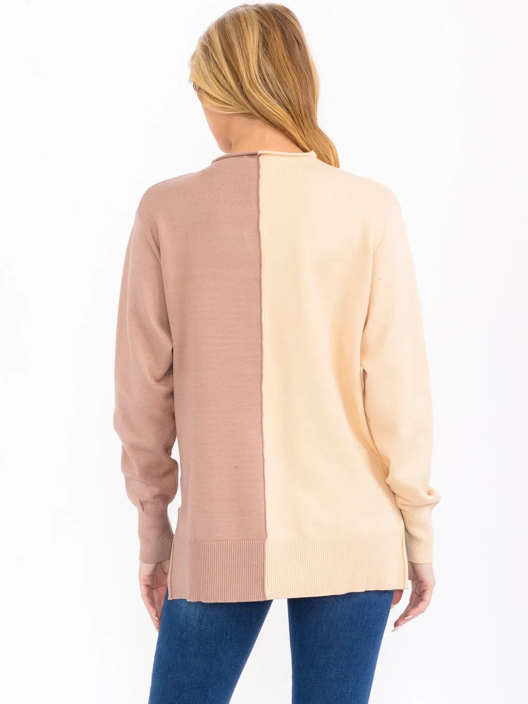 WOMEN'S LONG SLEEVE MOCK NECK KNIT COLORBLOCK TOP