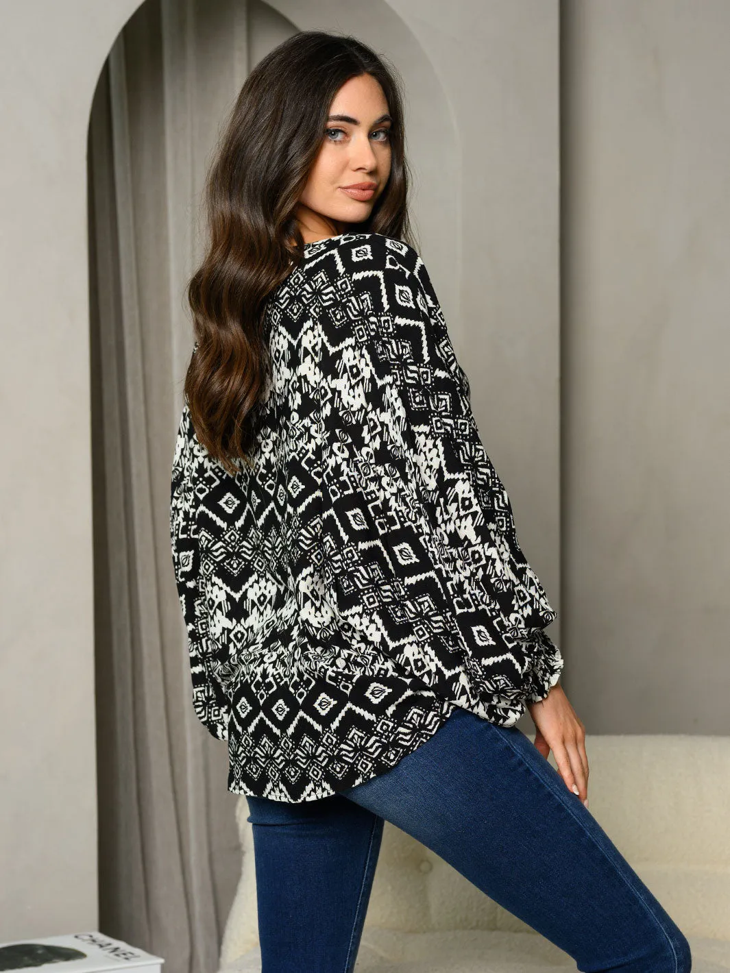 WOMEN'S LONG SLEEVE MULTI PRINT TUNIC TOP