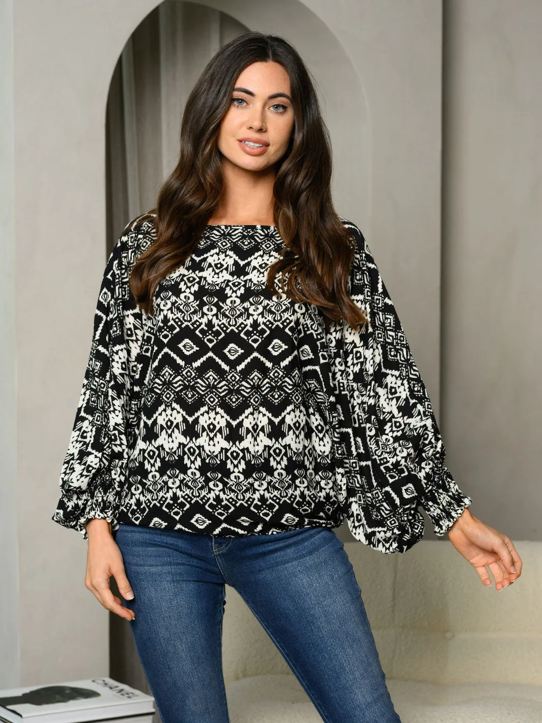 WOMEN'S LONG SLEEVE MULTI PRINT TUNIC TOP