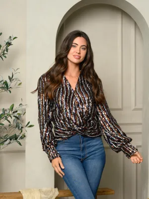 WOMEN'S LONG SLEEVE SEQUIN BLOUSE WRAPPED AT WAIST TOP
