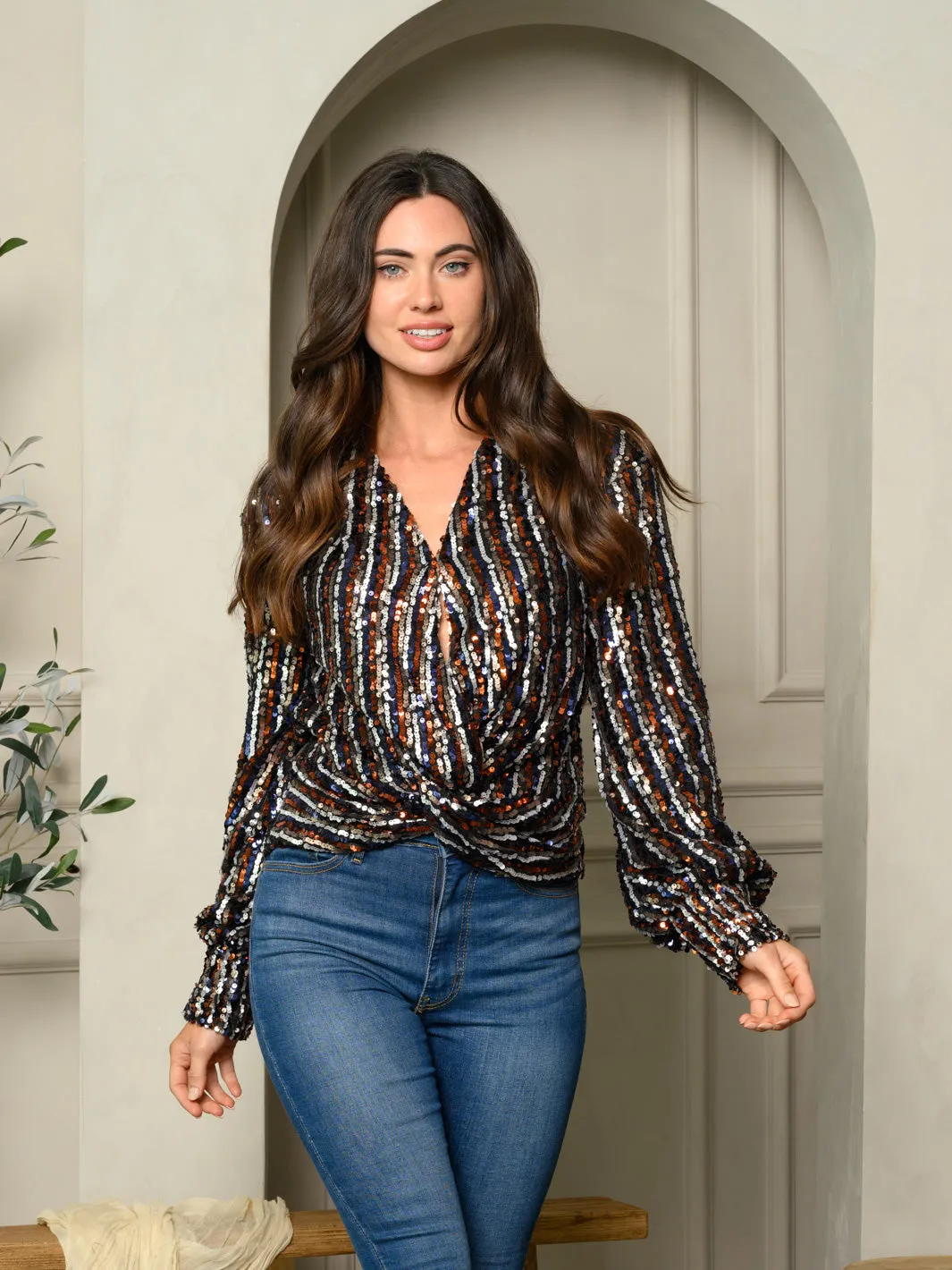 WOMEN'S LONG SLEEVE SEQUIN BLOUSE WRAPPED AT WAIST TOP