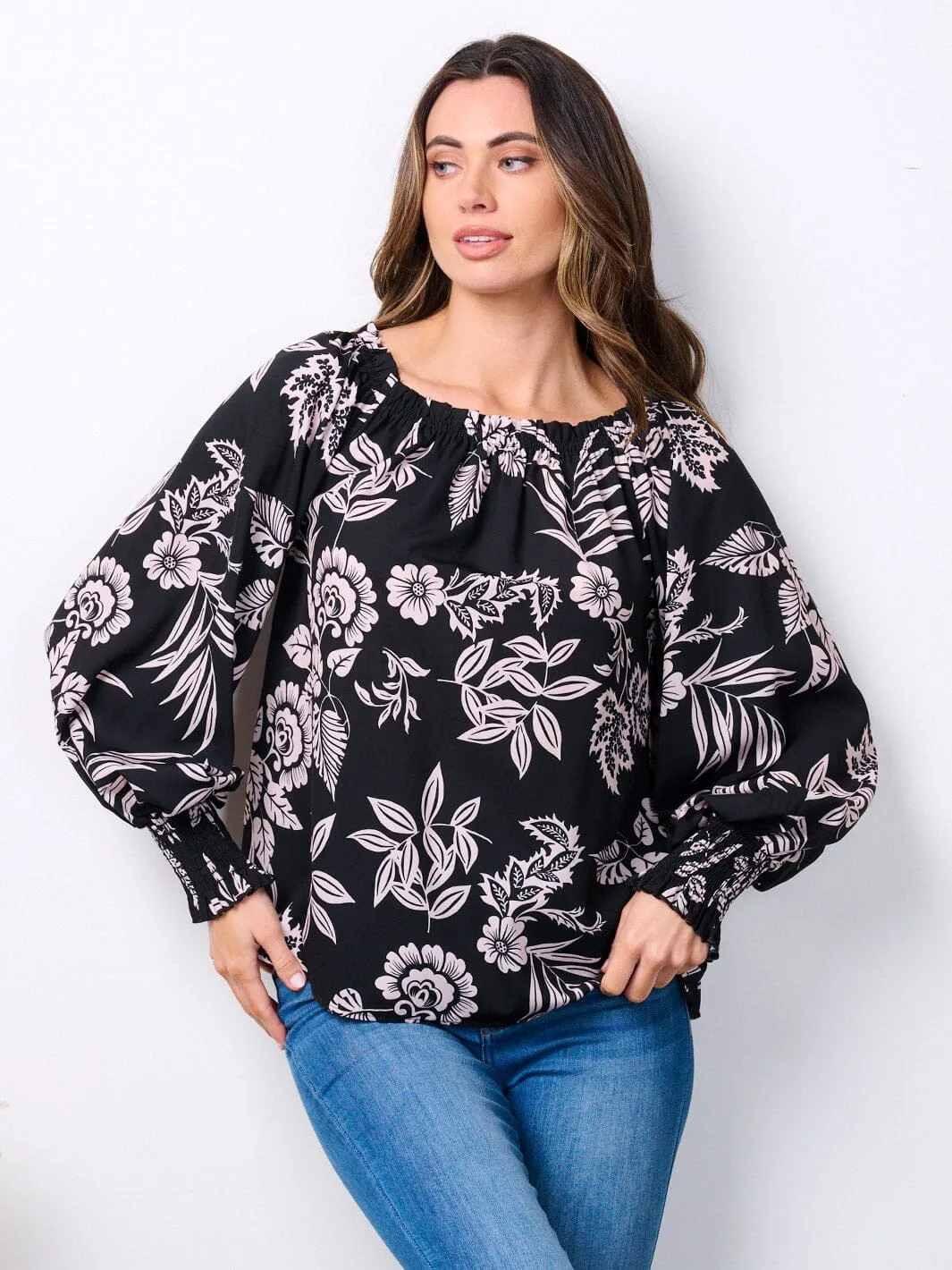 WOMEN'S LONG SLEEVE SMOCK TUNIC FLORAL BLOUSE TOP