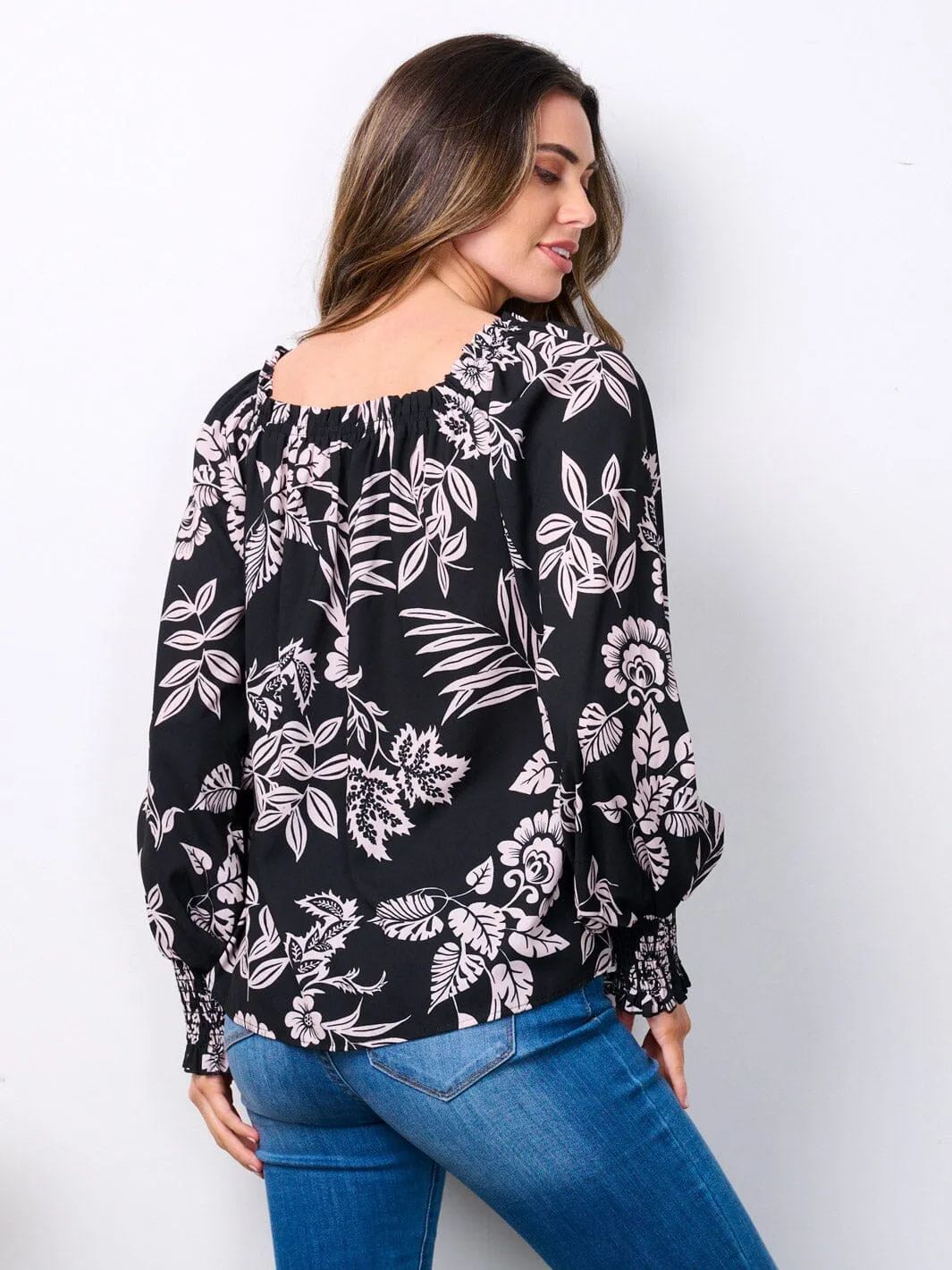 WOMEN'S LONG SLEEVE SMOCK TUNIC FLORAL BLOUSE TOP