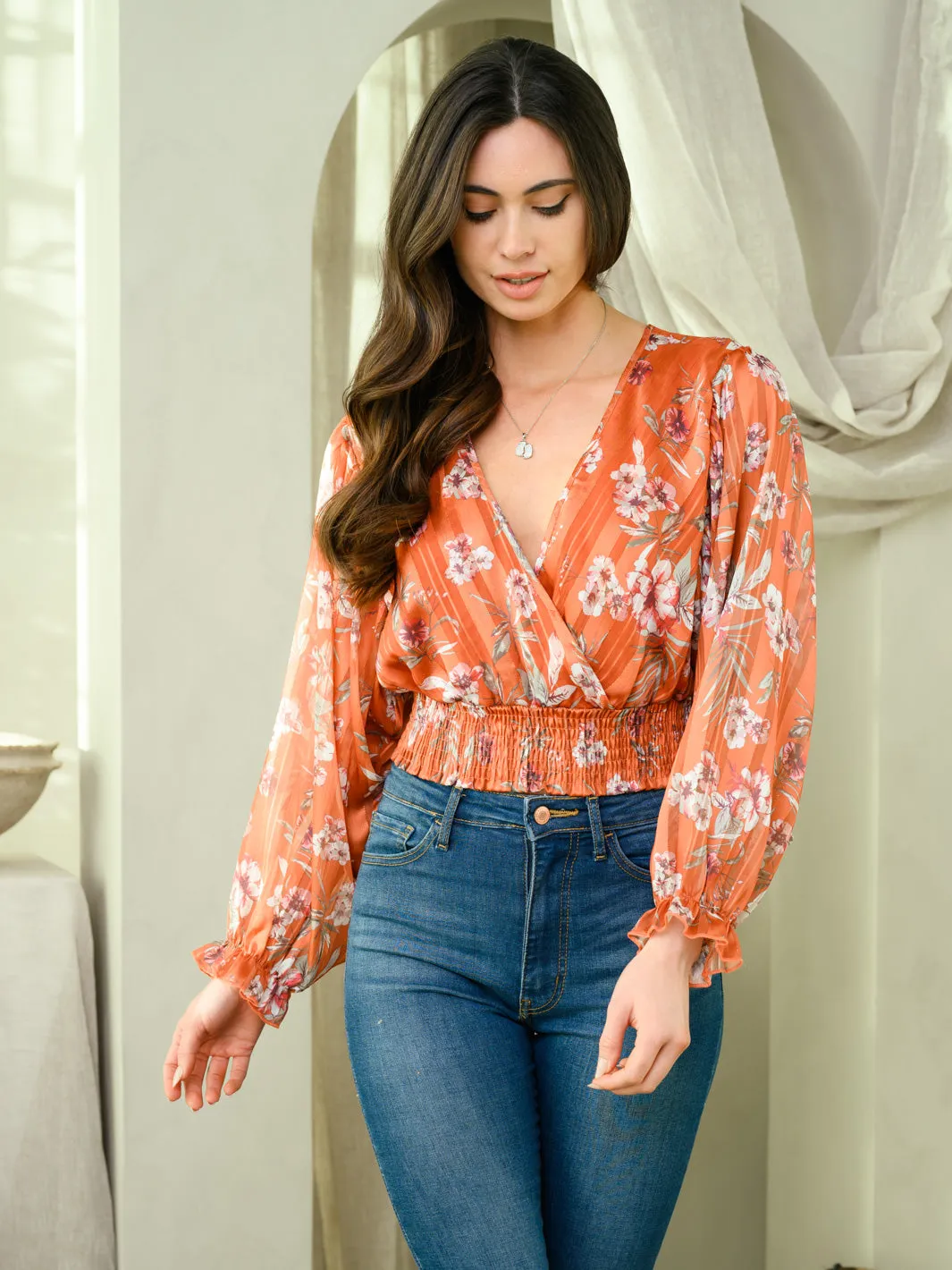 WOMEN'S LONG SLEEVE SMOCKING WAIST SURPLICE FLORAL TOP