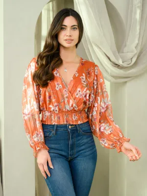 WOMEN'S LONG SLEEVE SMOCKING WAIST SURPLICE FLORAL TOP