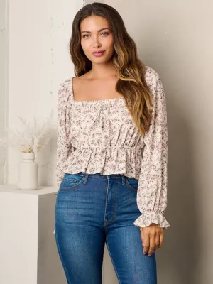 WOMEN'S LONG SLEEVE SQUARE NECK FLORAL BLOUSE TOP