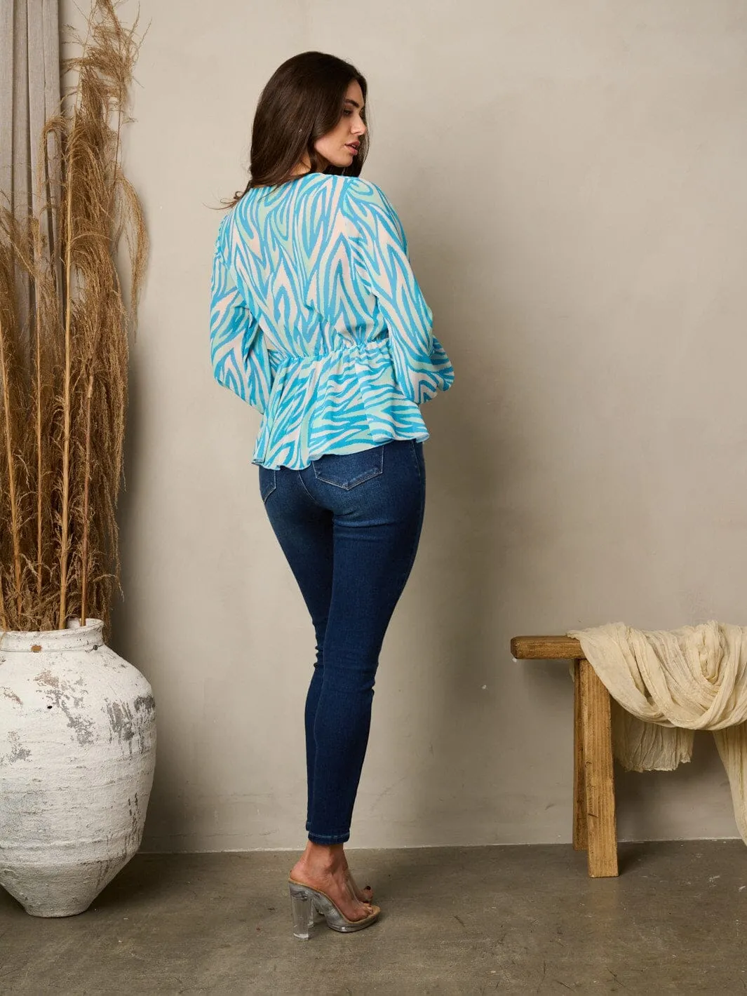 WOMEN'S LONG SLEEVE SURPLICE SELF TIE PRINTED BLOUSE TOP