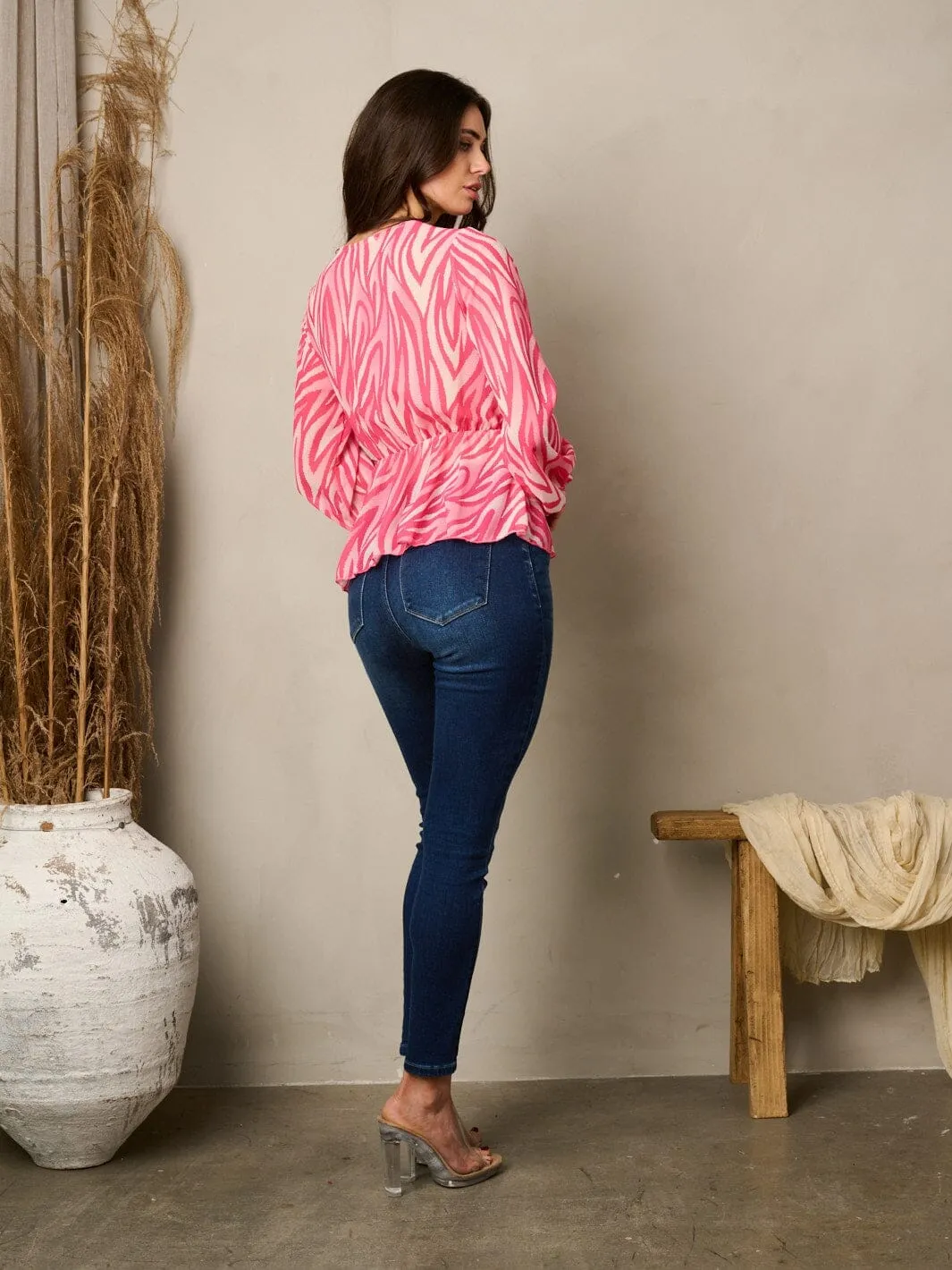 WOMEN'S LONG SLEEVE SURPLICE SELF TIE PRINTED BLOUSE TOP