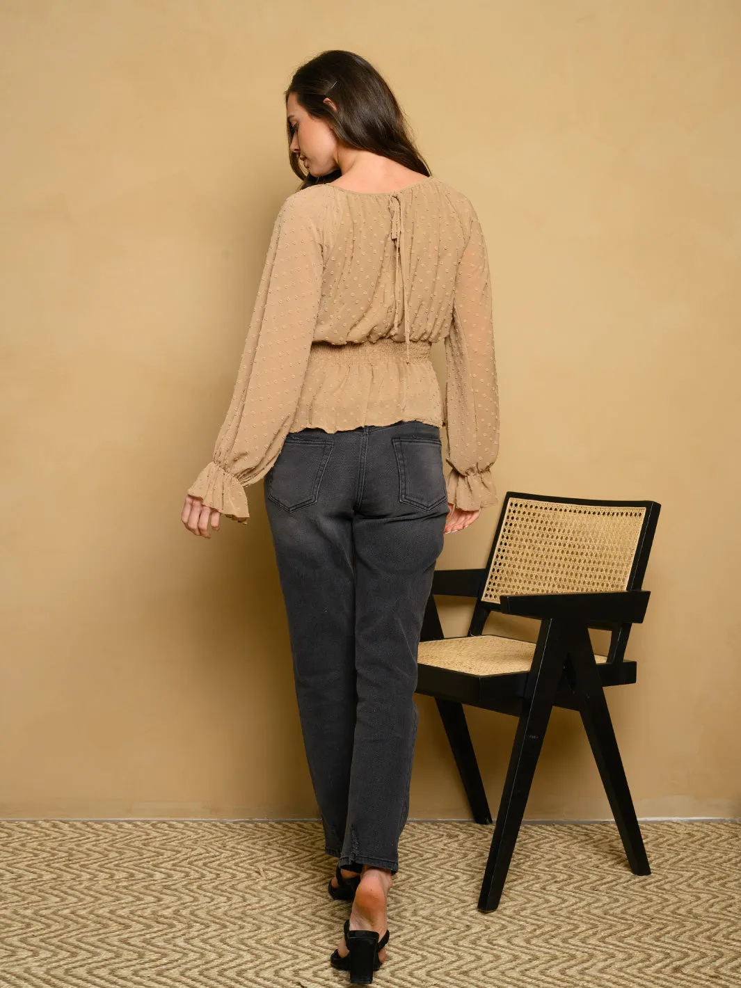 WOMEN'S LONG SLEEVE SWISS DOT WOVEN TOP