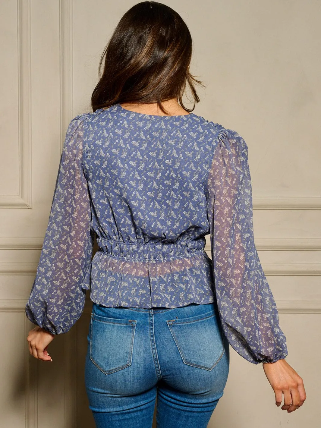 WOMEN'S LONG SLEEVE V-NECK PEPLUM FLORAL BLOUSE TOP