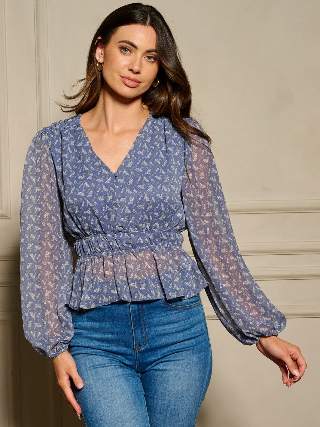 WOMEN'S LONG SLEEVE V-NECK PEPLUM FLORAL BLOUSE TOP